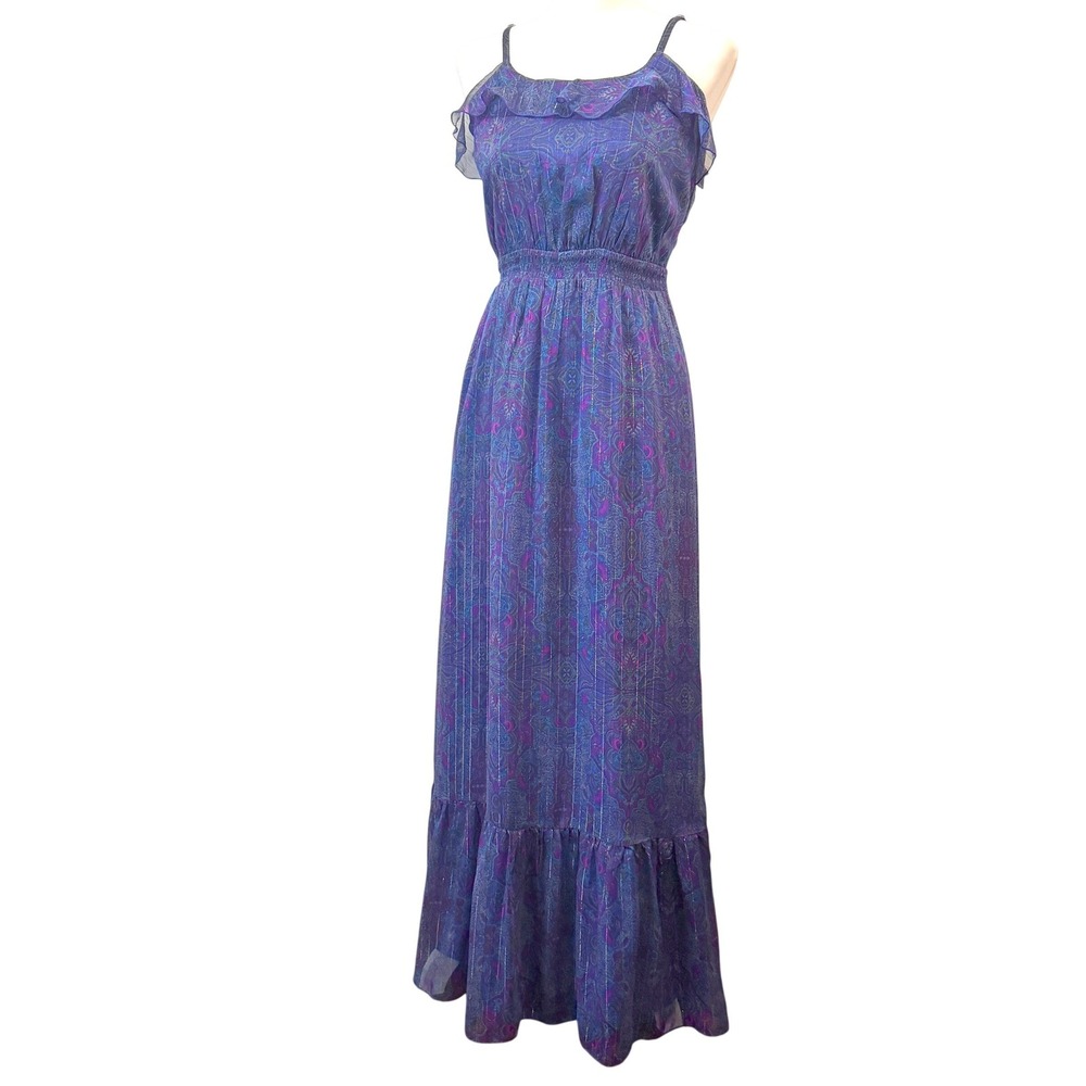 Express Purple Paisley Metallic Gold Stripe Ruffle Maxi Dress Boho Cottage Fairy